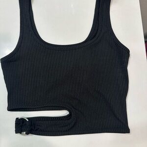 Black Ribbed Crop Top with Belt Detail